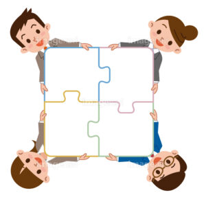 Four people are putting the puzzle together.